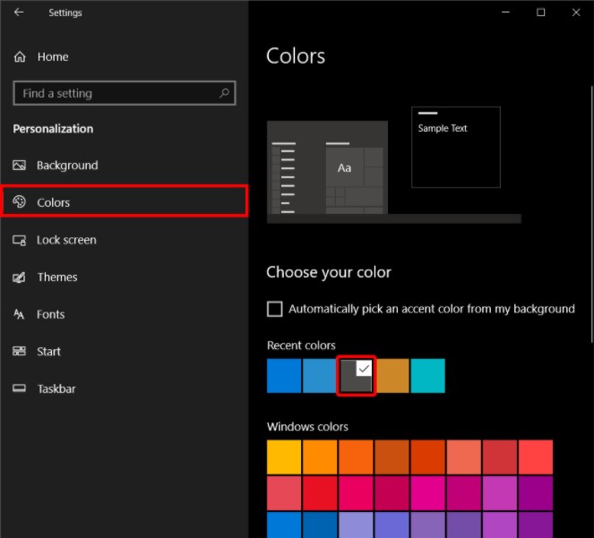 Gambar Choose your accent color - Dark Mode Windows 10