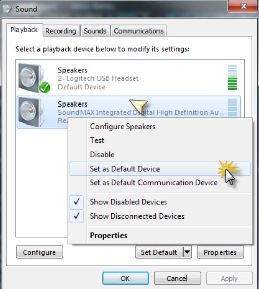 Gambar Default Playback Device - Cara Memperbesar Suara Laptop Windows 10 (2)