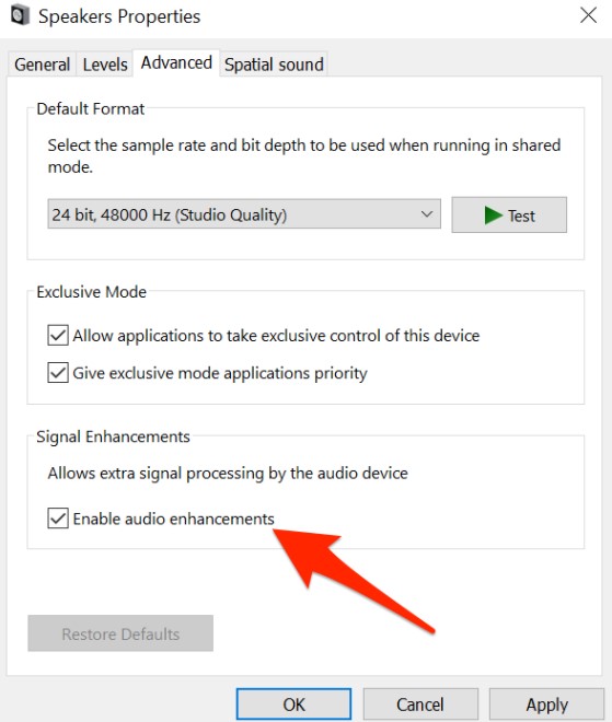 Gambar Enable Audio Enhancements 4 - Cara Memperbesar Suara Laptop Windows 10