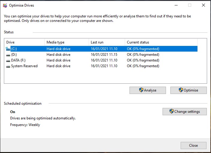 Daftar drive yang akan dioptimalkan dengan Defrag Windows 10
