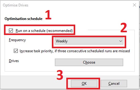 Urutan saat mengatur jadwal Defrag Windows 10