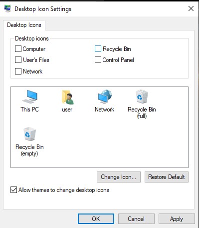 Desktop icon settings berisi pengaturan untuk semua ikon di desktop termasuk Recycle Bin