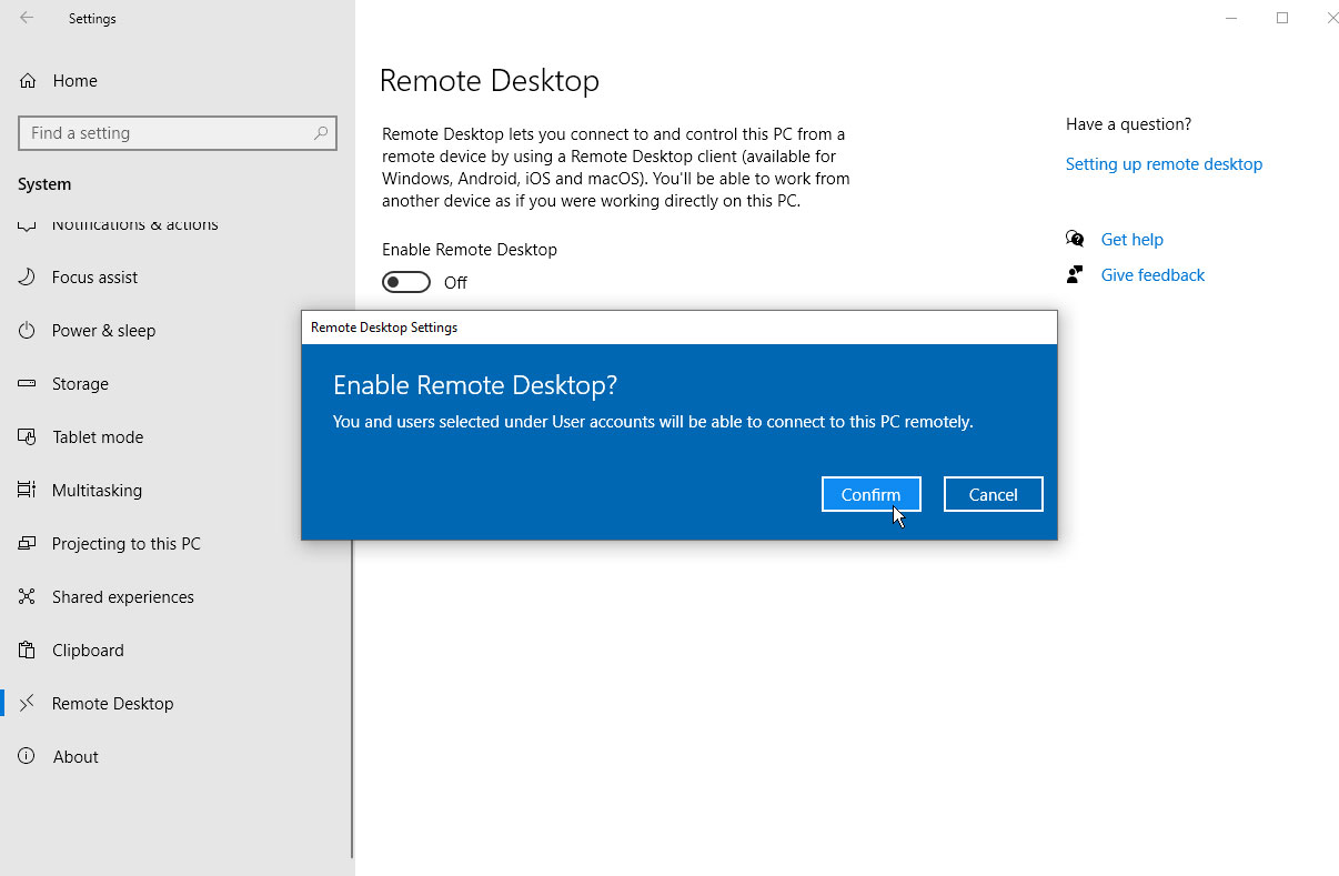 mengaktifkan remote desktop windows 10 melalui settings